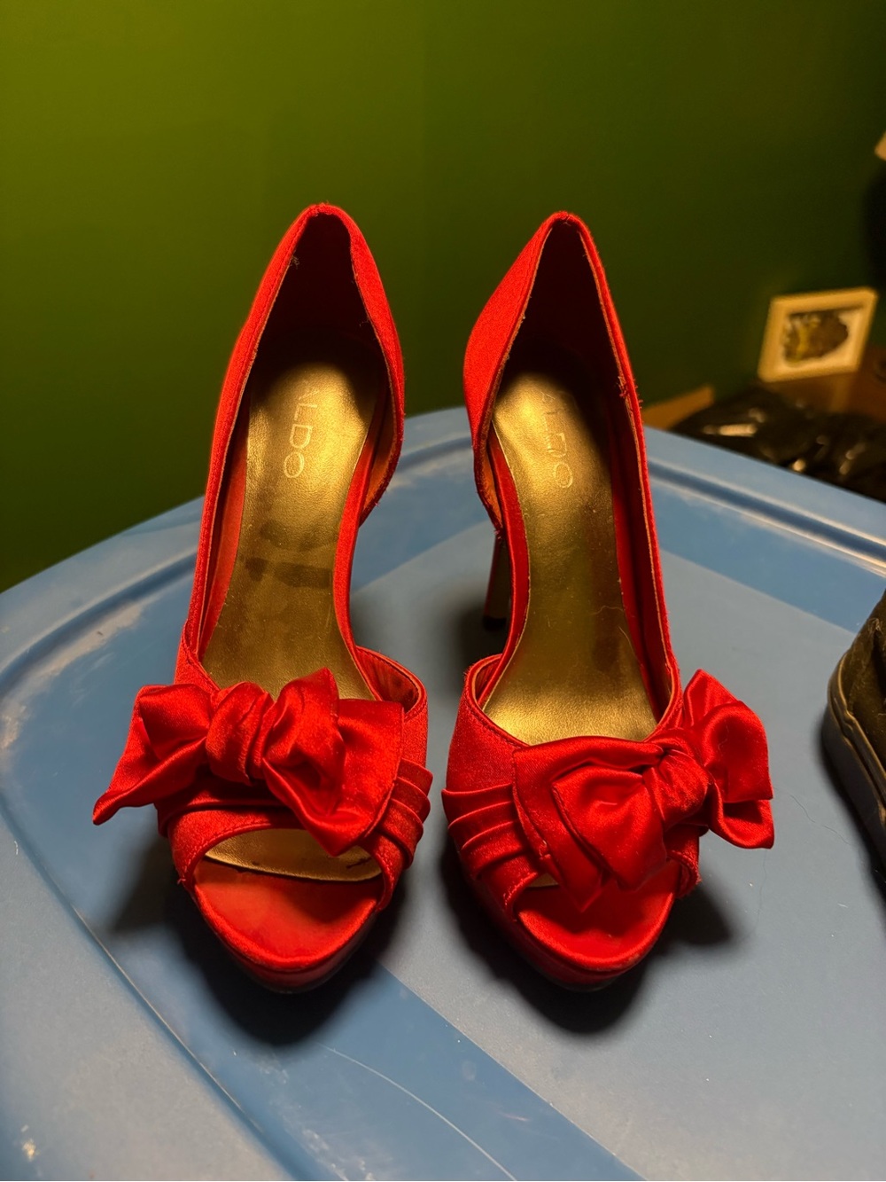 ALDO Red Satin Peep-Toe Heels with Decorative Bow
